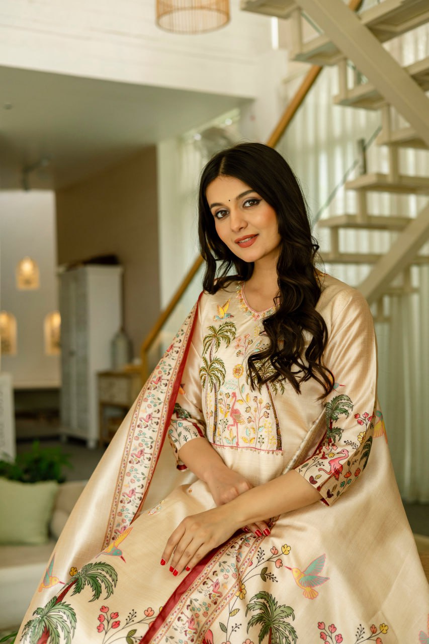 Viscose Assam Silk And Embroidared Beads Work With Printed Dupatta Dresses