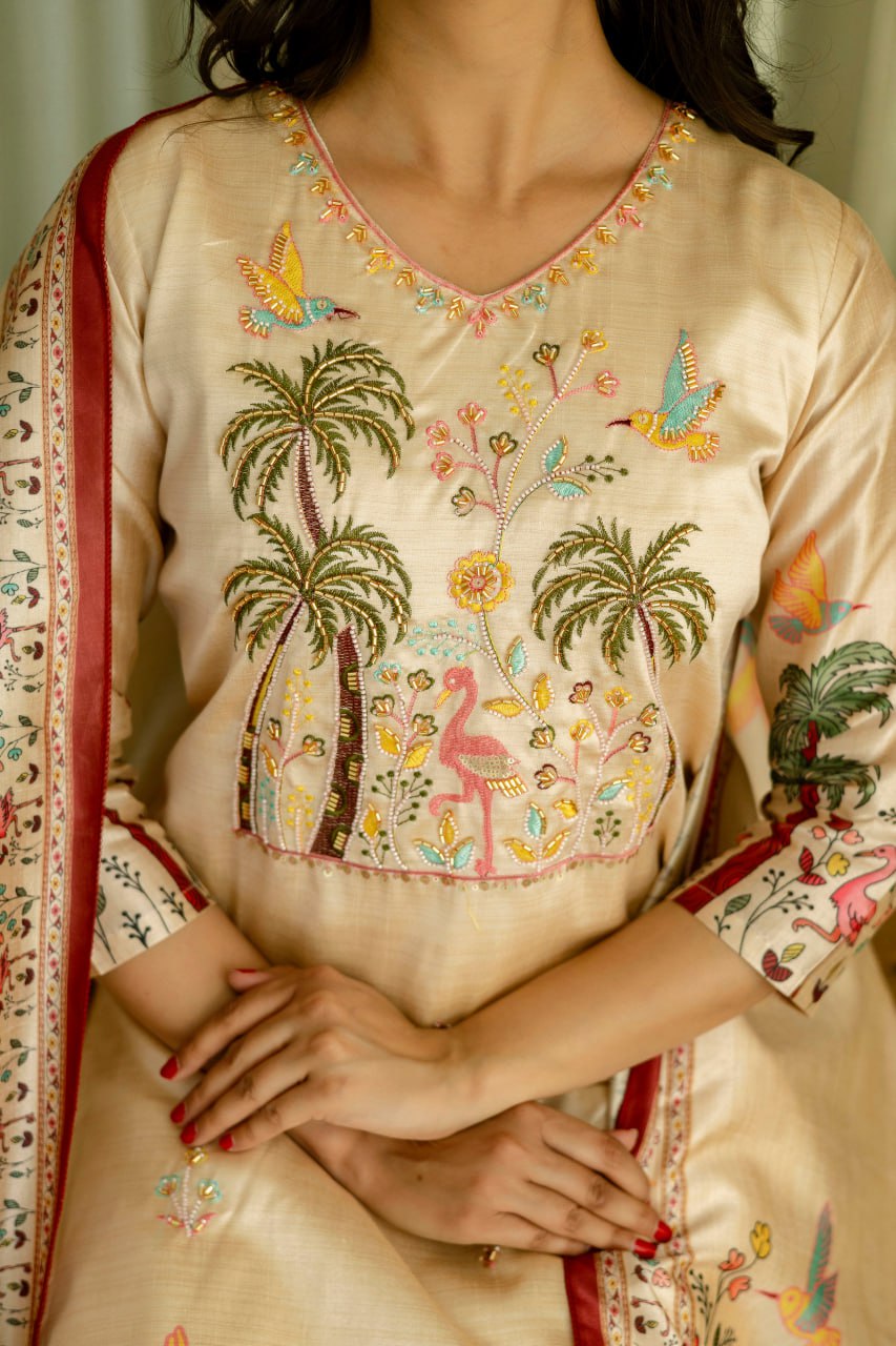 Viscose Assam Silk And Embroidared Beads Work With Printed Dupatta Dresses