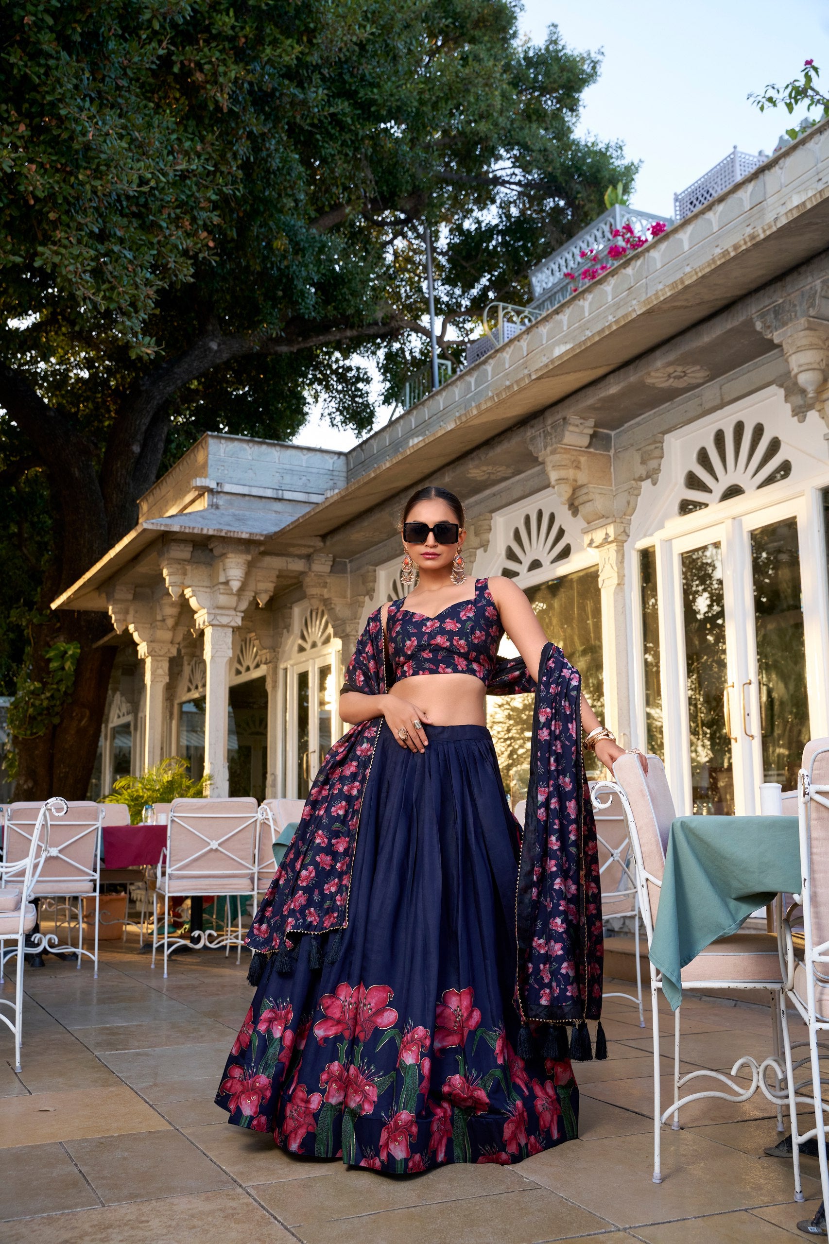 Navy Blue Color Floral Print With Foil Work Tussar Silk Lehenga Choli