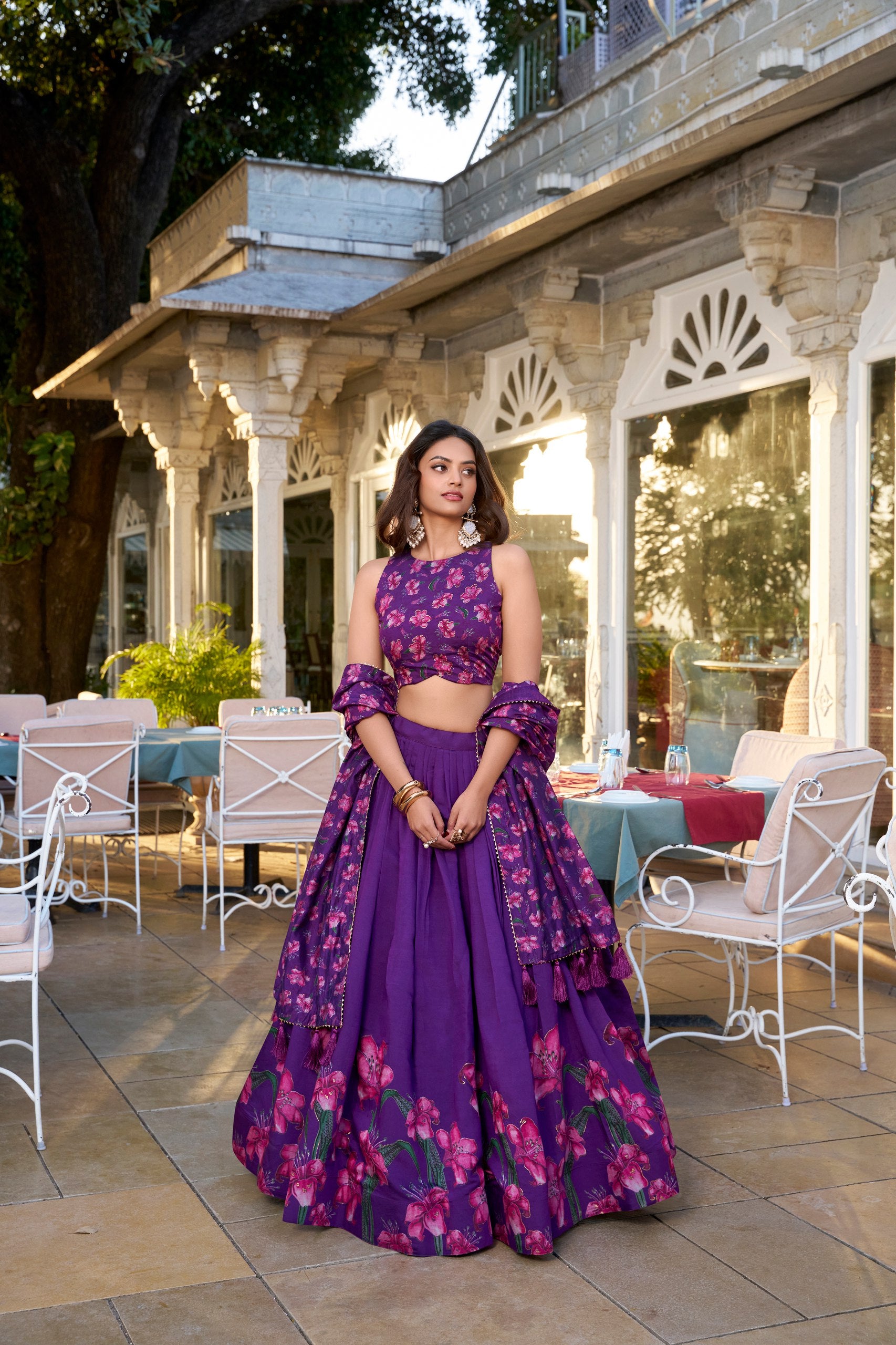 Purple Color Floral Print With Foil Work Tussar Silk Lehenga Choli