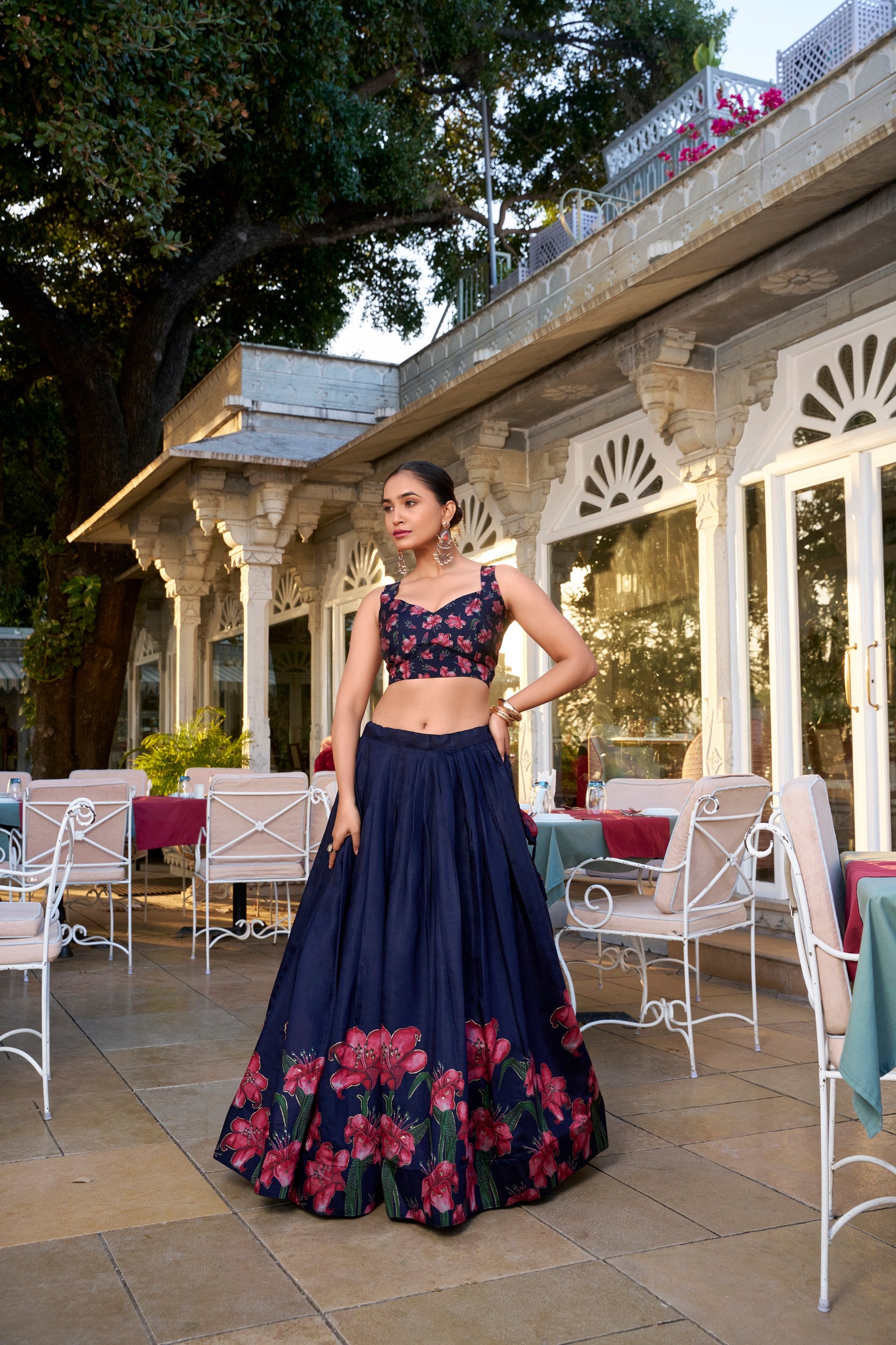 Navy Blue Color Floral Print With Foil Work Tussar Silk Lehenga Choli