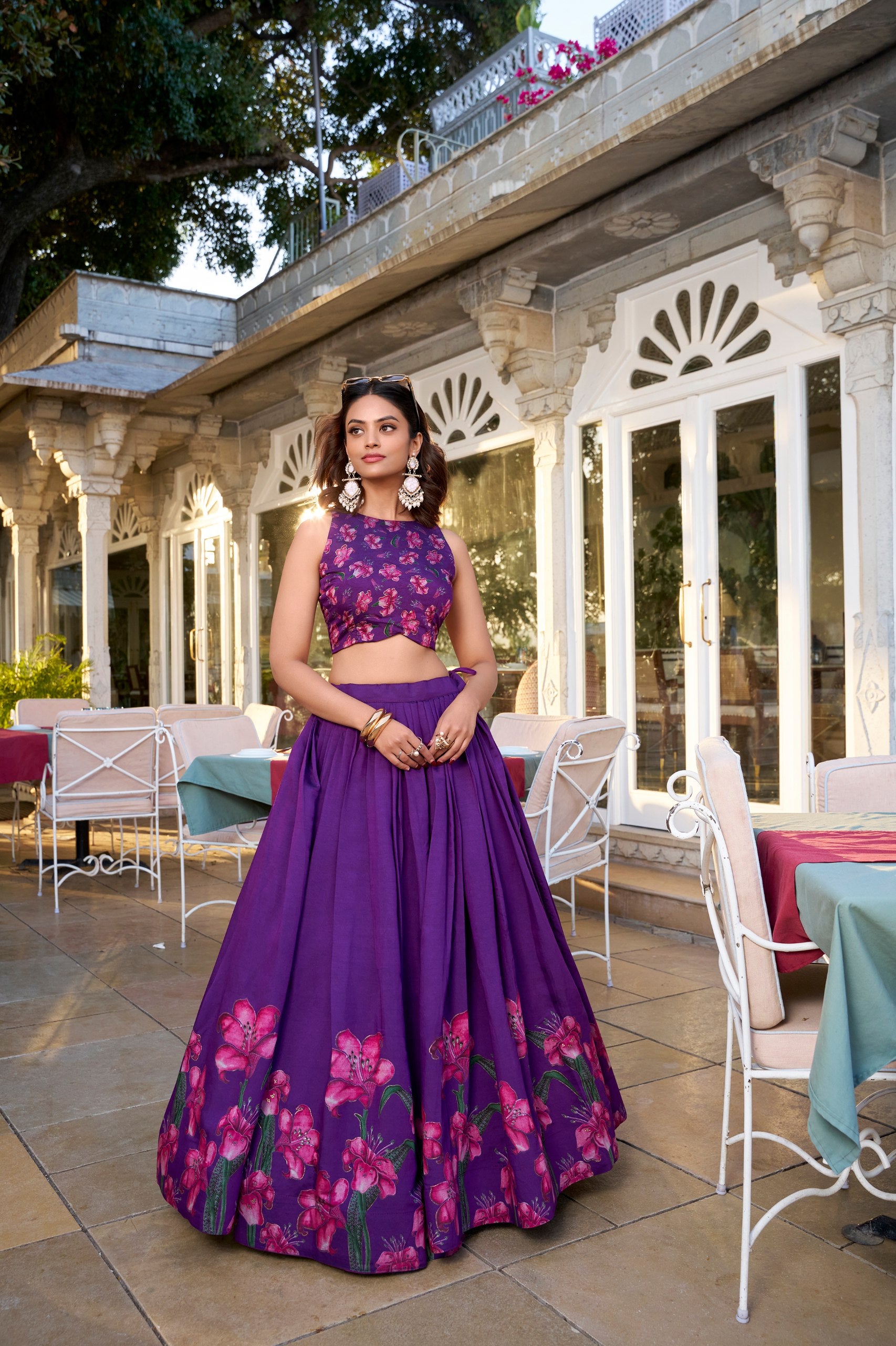 Purple Color Floral Print With Foil Work Tussar Silk Lehenga Choli