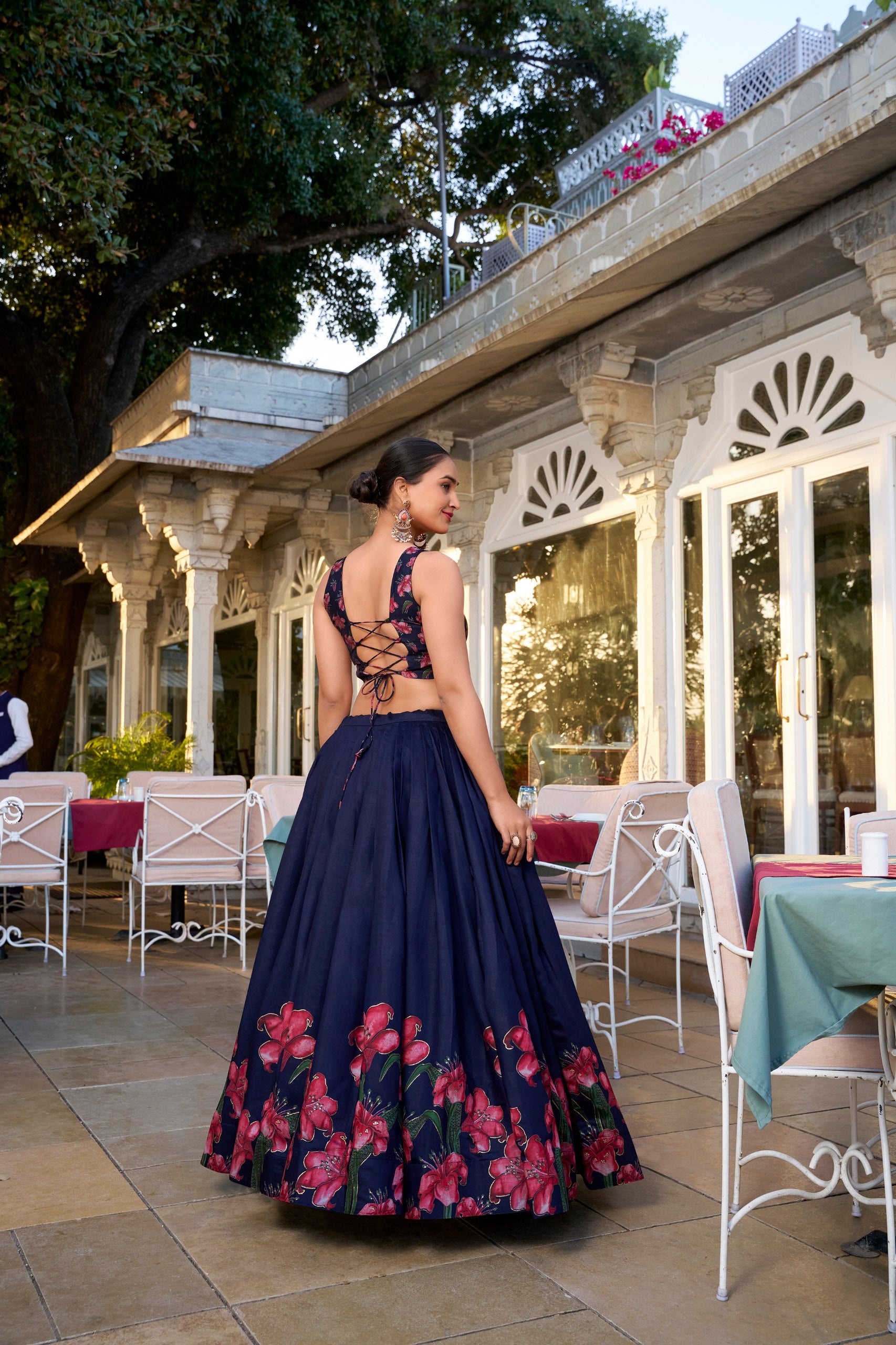 Navy Blue Color Floral Print With Foil Work Tussar Silk Lehenga Choli