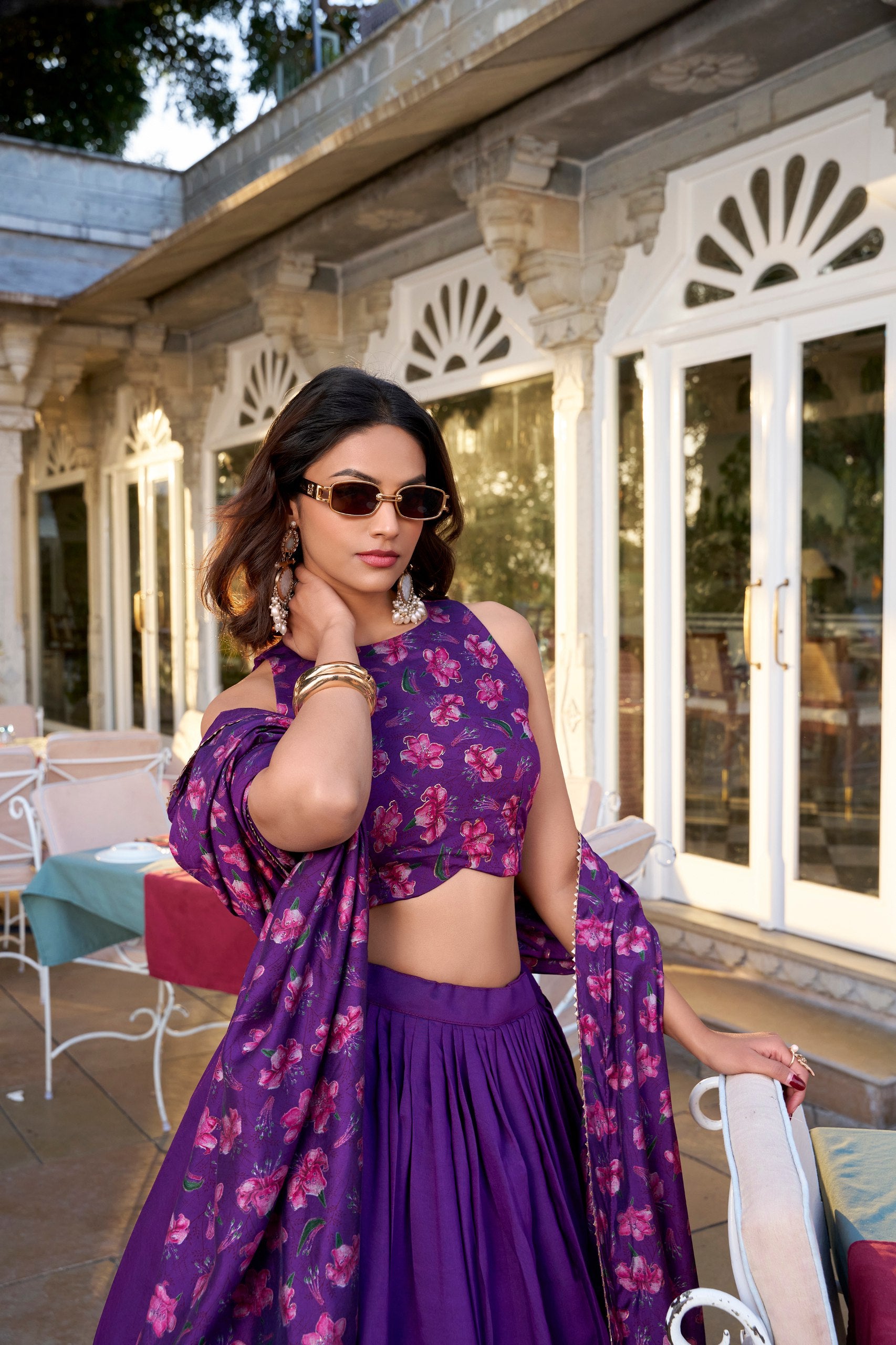 Purple Color Floral Print With Foil Work Tussar Silk Lehenga Choli