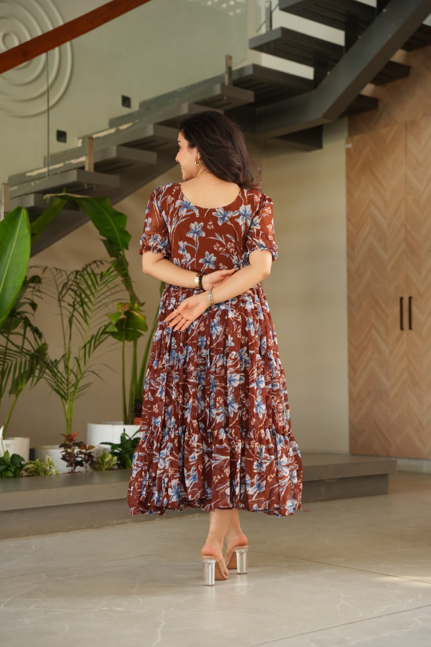 Summer Dress In Coffee Georgette With Digital Print Western Dress For Summer