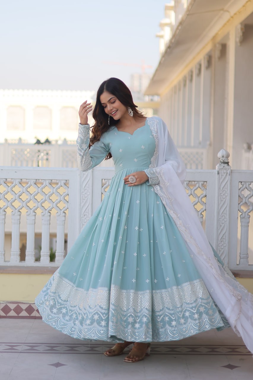Ocean Blue Indian Gown for women with Embroidery Dupatta, Gown for women evening, Indian wedding dresses,Bridesmaid Dress