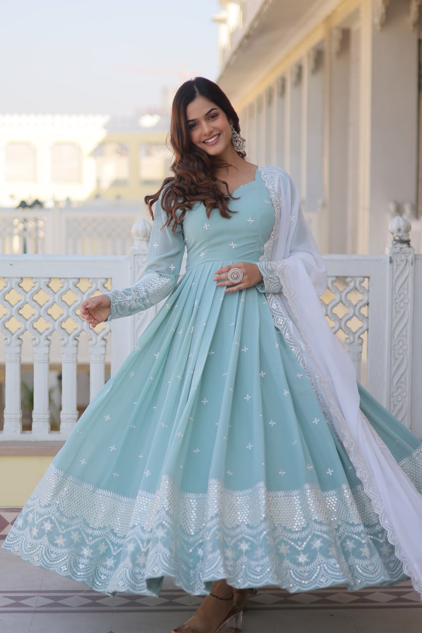 Ocean Blue Indian Gown for women with Embroidery Dupatta, Gown for women evening, Indian wedding dresses,Bridesmaid Dress