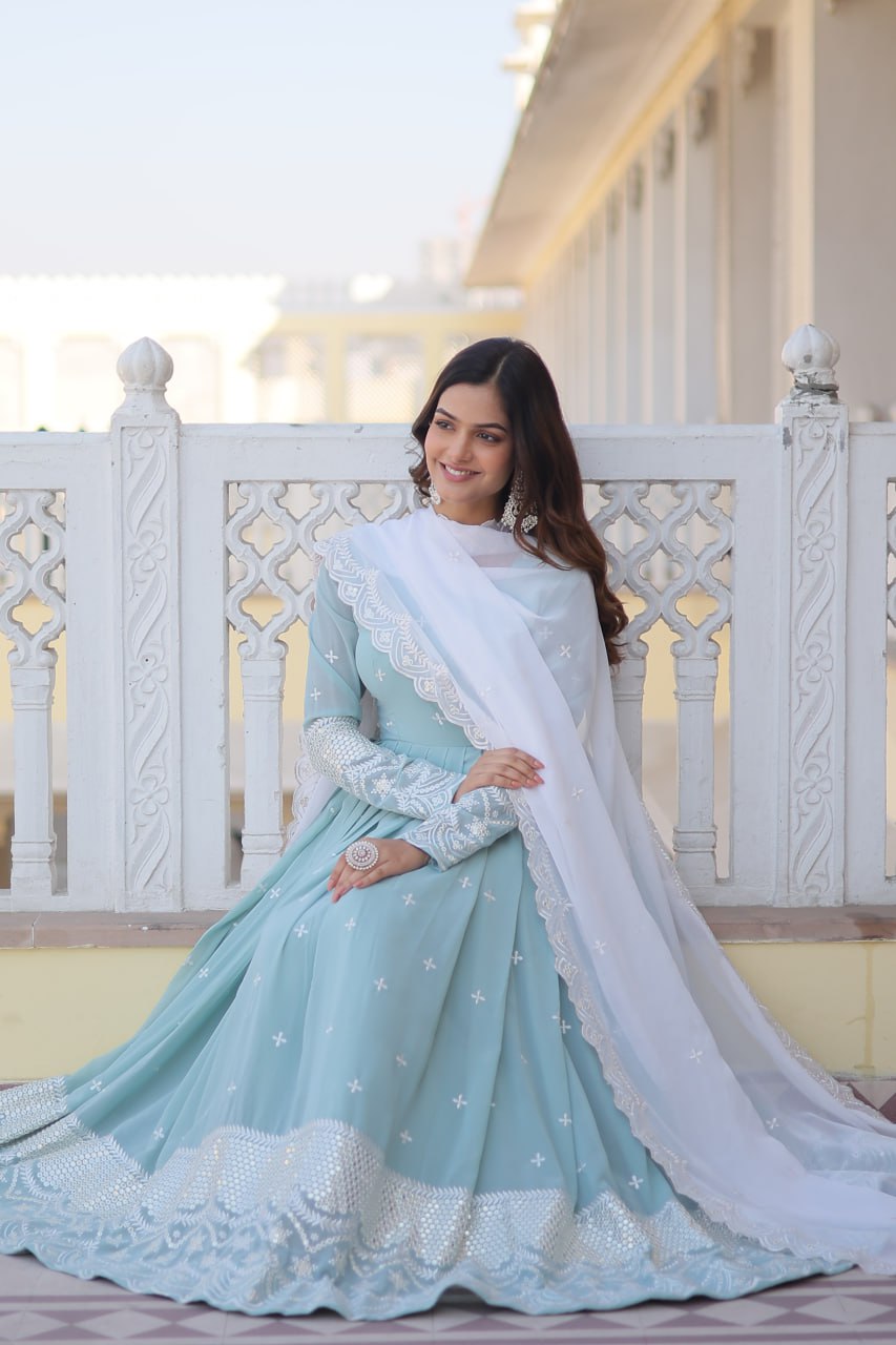 Ocean Blue Indian Gown for women with Embroidery Dupatta, Gown for women evening, Indian wedding dresses,Bridesmaid Dress