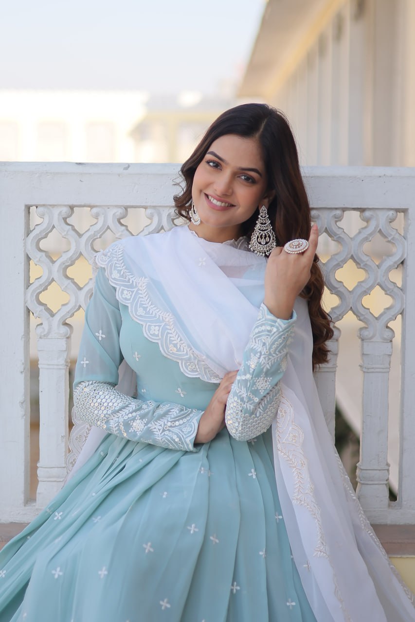 Ocean Blue Indian Gown for women with Embroidery Dupatta, Gown for women evening, Indian wedding dresses,Bridesmaid Dress