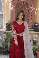 Traditional Maroon Embroidery Sequins Work Anarkali Suit Set
