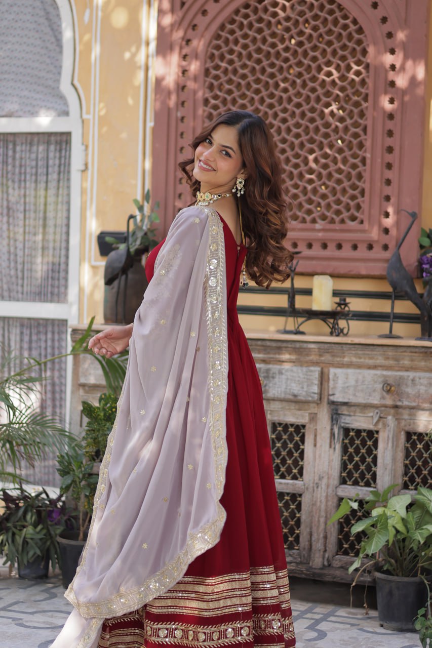 Traditional Maroon Embroidery Sequins Work Anarkali Suit Set