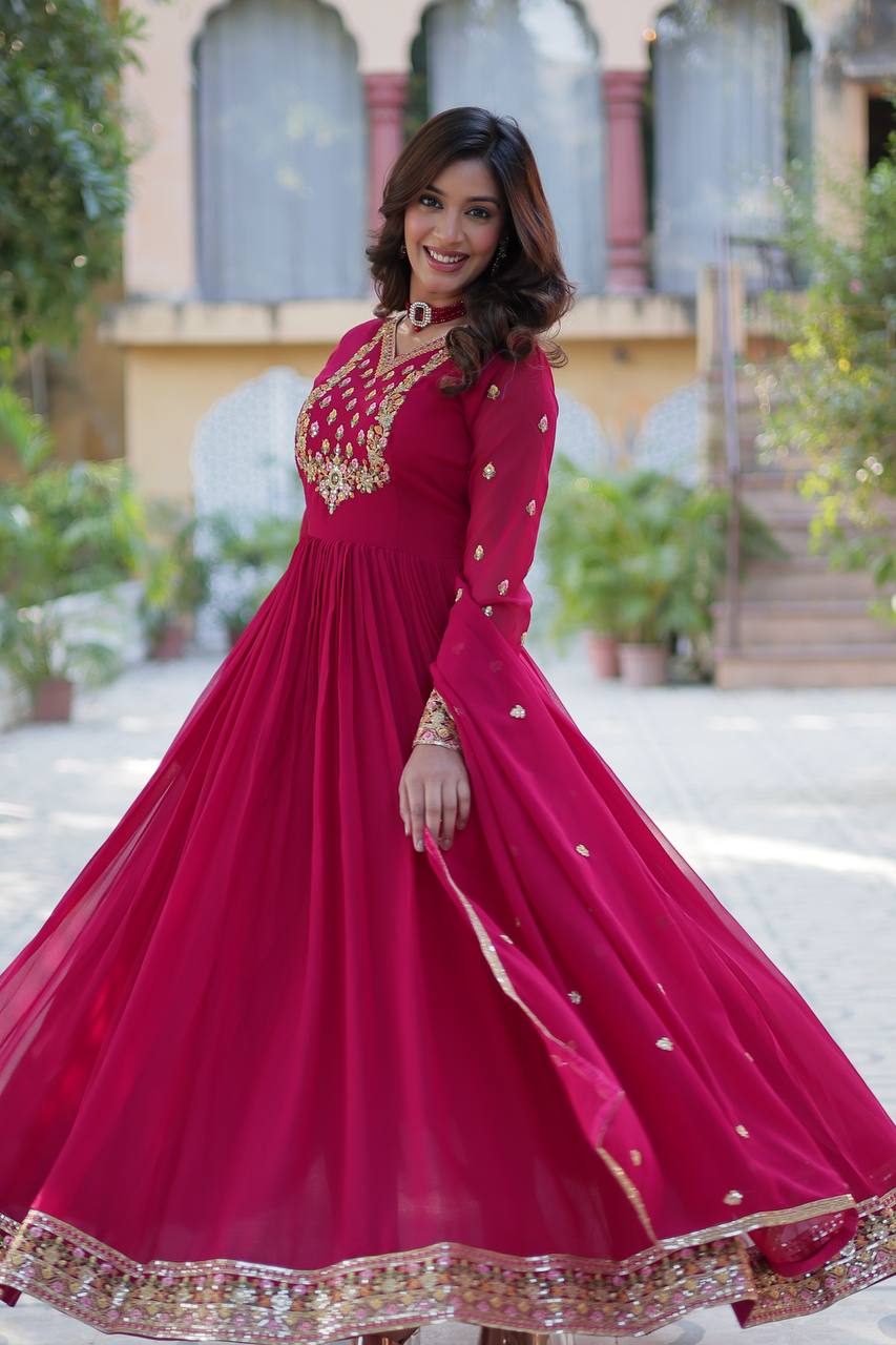 Attractive Pink Color Faux Blooming Georgette With Rich Sequins Embroidered Work Designer Gown