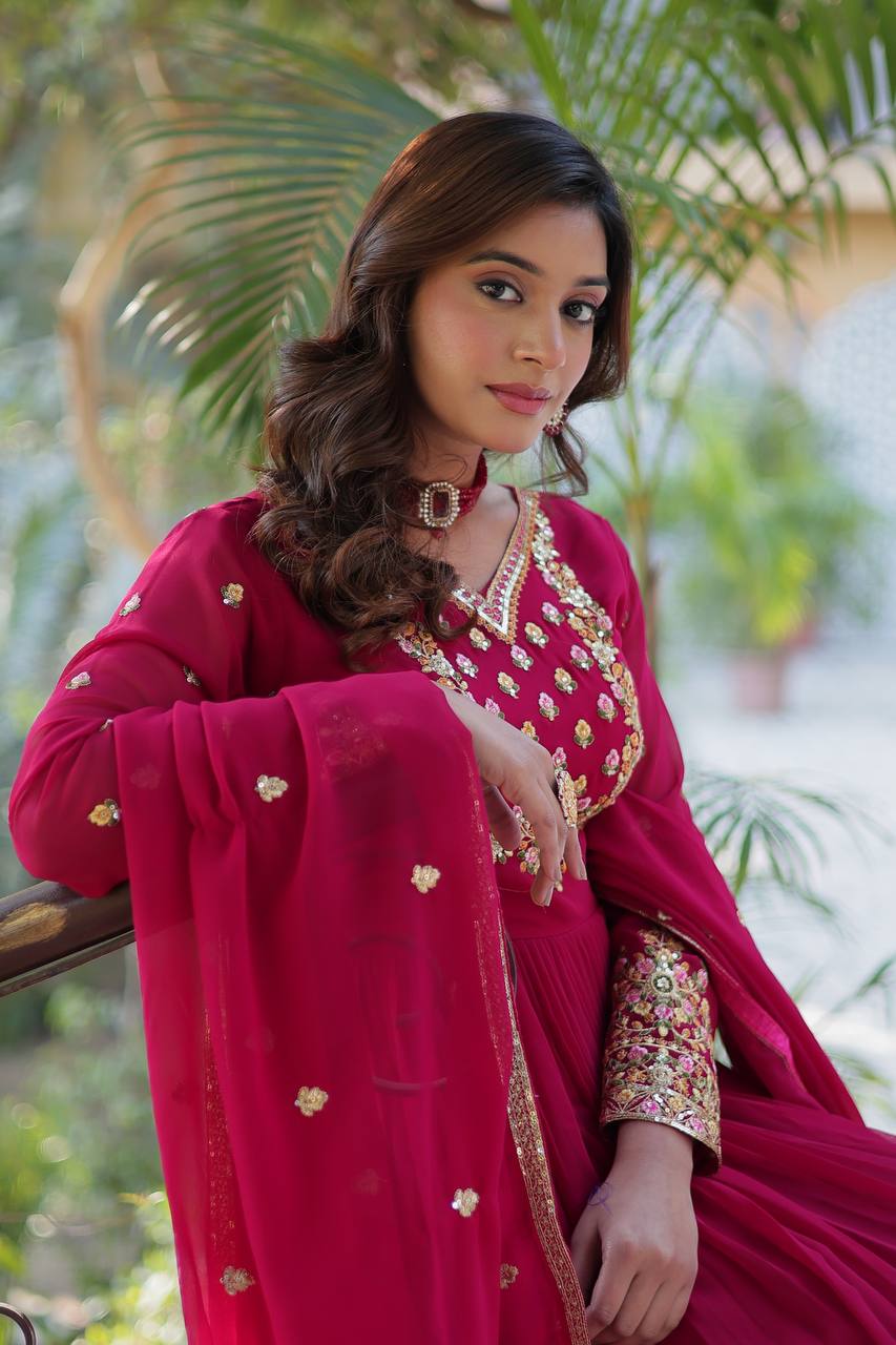 Attractive Pink Color Faux Blooming Georgette With Rich Sequins Embroidered Work Designer Gown