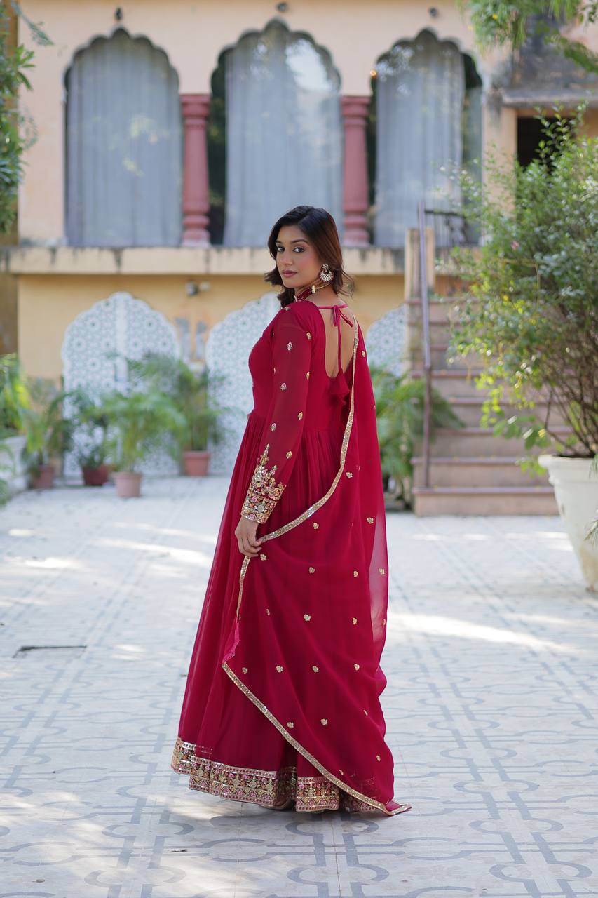 Attractive Pink Color Faux Blooming Georgette With Rich Sequins Embroidered Work Designer Gown