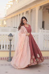Designer Anarkali Gown Set With Peach Dupatta For Women | Wedding & Festive Ethnic Dress | Embroidered Floor Length Suit
