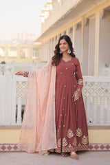 Designer Anarkali Gown Set With Peach Dupatta For Women | Wedding & Festive Ethnic Dress | Embroidered Floor Length Suit