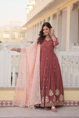 Designer Anarkali Gown Set With Peach Dupatta For Women | Wedding & Festive Ethnic Dress | Embroidered Floor Length Suit