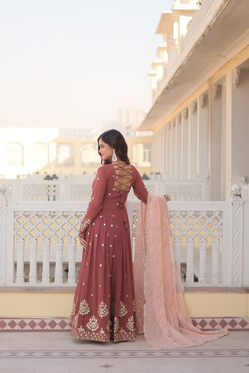 Designer Anarkali Gown Set With Peach Dupatta For Women | Wedding & Festive Ethnic Dress | Embroidered Floor Length Suit