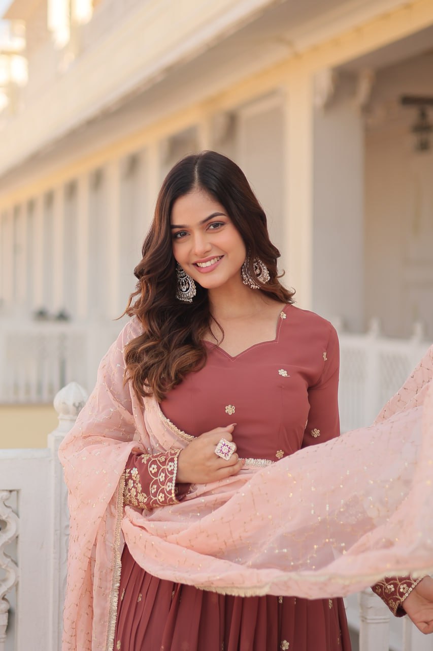Designer Anarkali Gown Set With Peach Dupatta For Women | Wedding & Festive Ethnic Dress | Embroidered Floor Length Suit