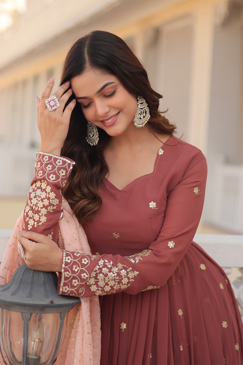 Designer Anarkali Gown Set With Peach Dupatta For Women | Wedding & Festive Ethnic Dress | Embroidered Floor Length Suit