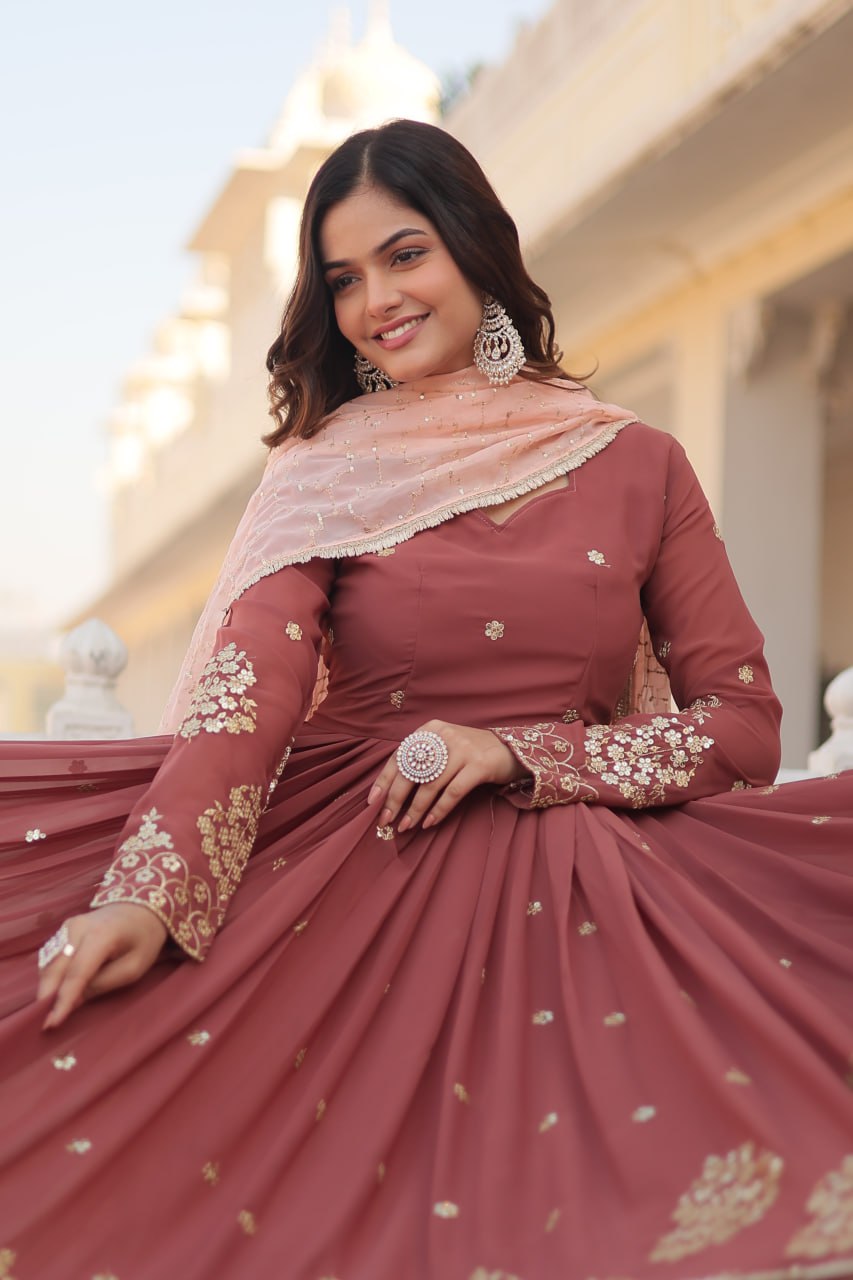 Designer Anarkali Gown Set With Peach Dupatta For Women | Wedding & Festive Ethnic Dress | Embroidered Floor Length Suit