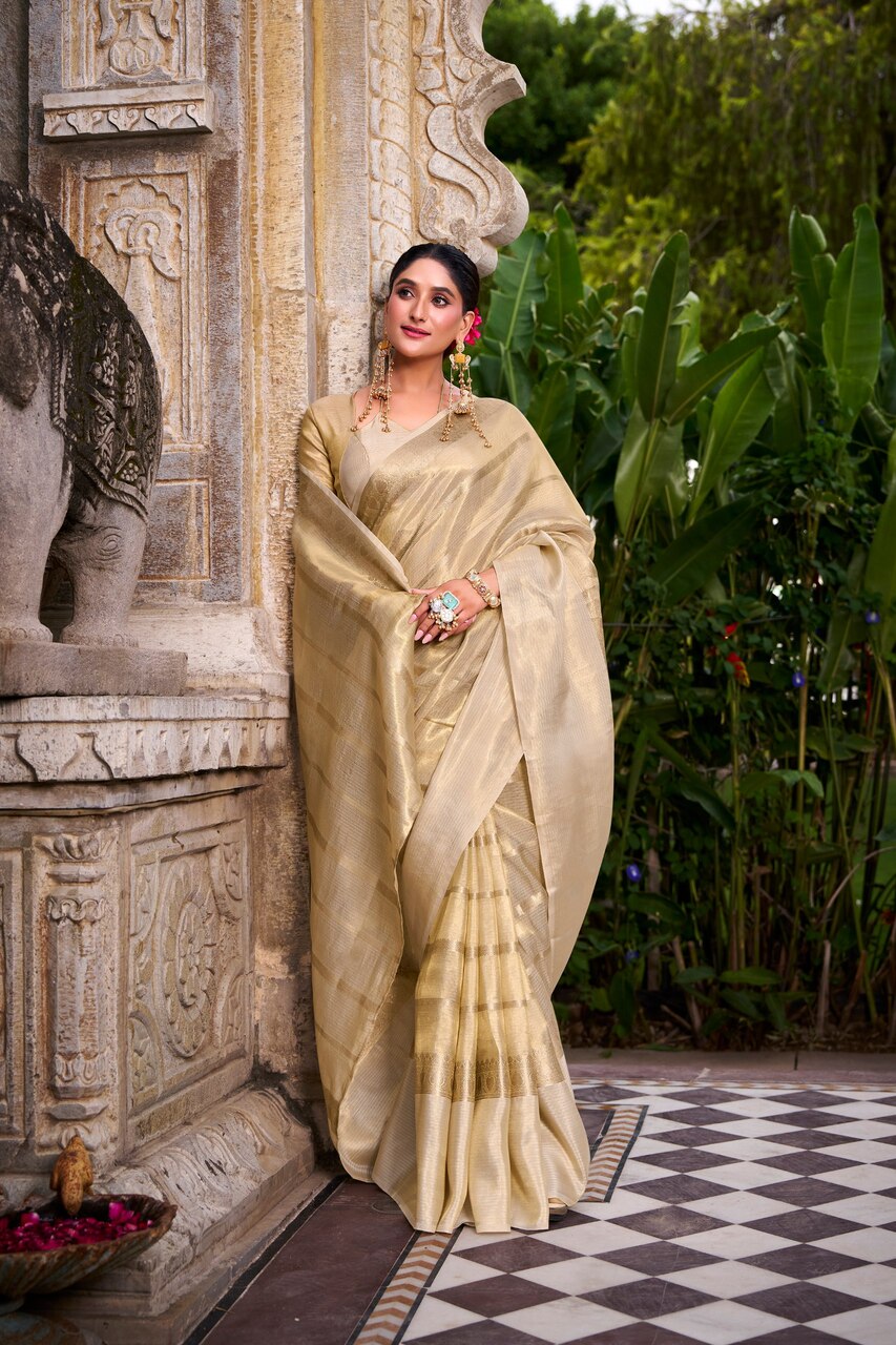DESIGNER GOLD TISSUE WITH ZARI WORK SAREE FOR FESTIVE OCCASION