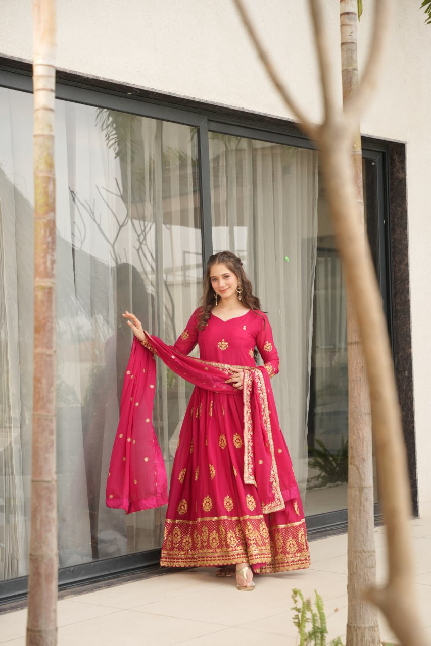 Ravishing Pink Zari Embroidery Georgette Event Wear Gown With Dupatta