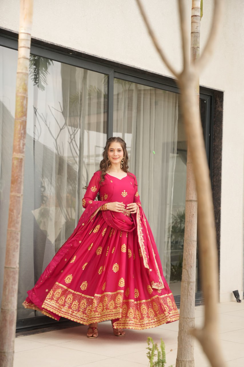 Ravishing Pink Zari Embroidery Georgette Event Wear Gown With Dupatta
