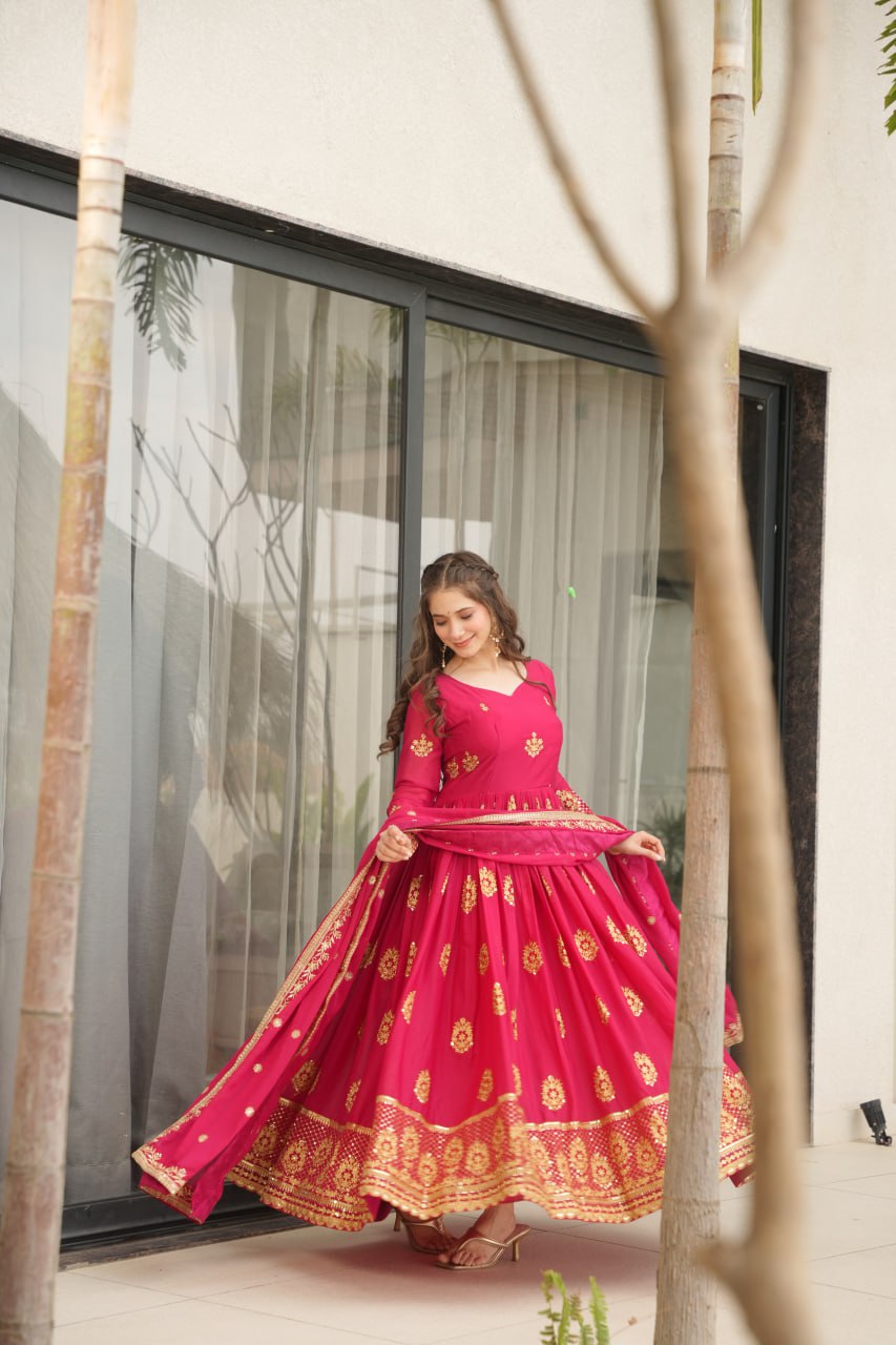Ravishing Pink Zari Embroidery Georgette Event Wear Gown With Dupatta