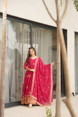 Ravishing Pink Zari Embroidery Georgette Event Wear Gown With Dupatta