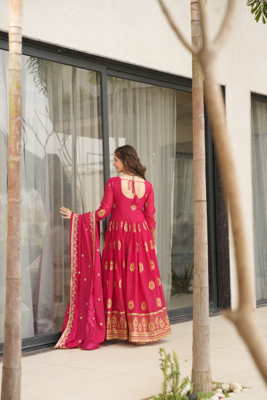 Ravishing Pink Zari Embroidery Georgette Event Wear Gown With Dupatta