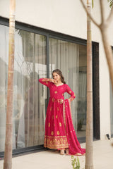 Ravishing Pink Zari Embroidery Georgette Event Wear Gown With Dupatta