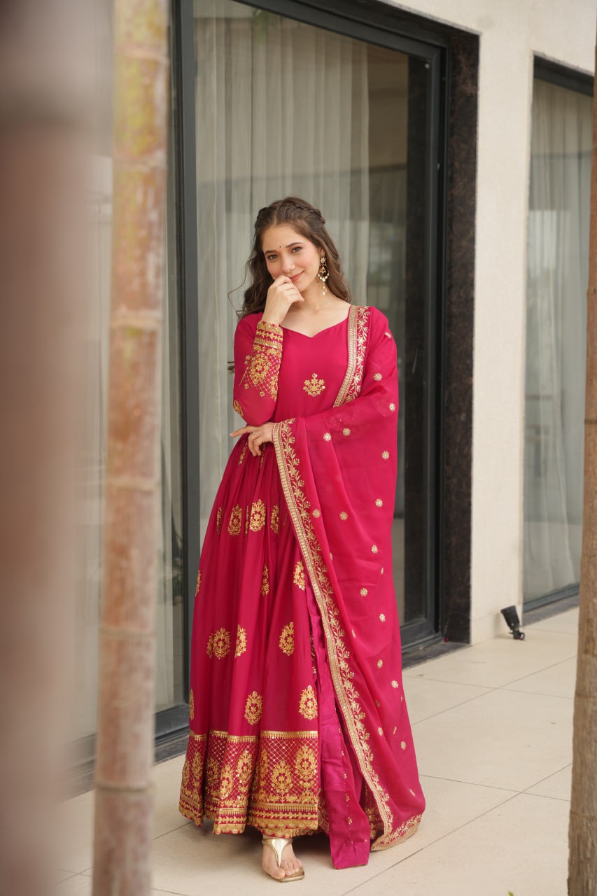 Ravishing Pink Zari Embroidery Georgette Event Wear Gown With Dupatta