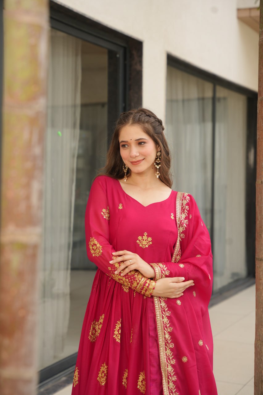 Ravishing Pink Zari Embroidery Georgette Event Wear Gown With Dupatta