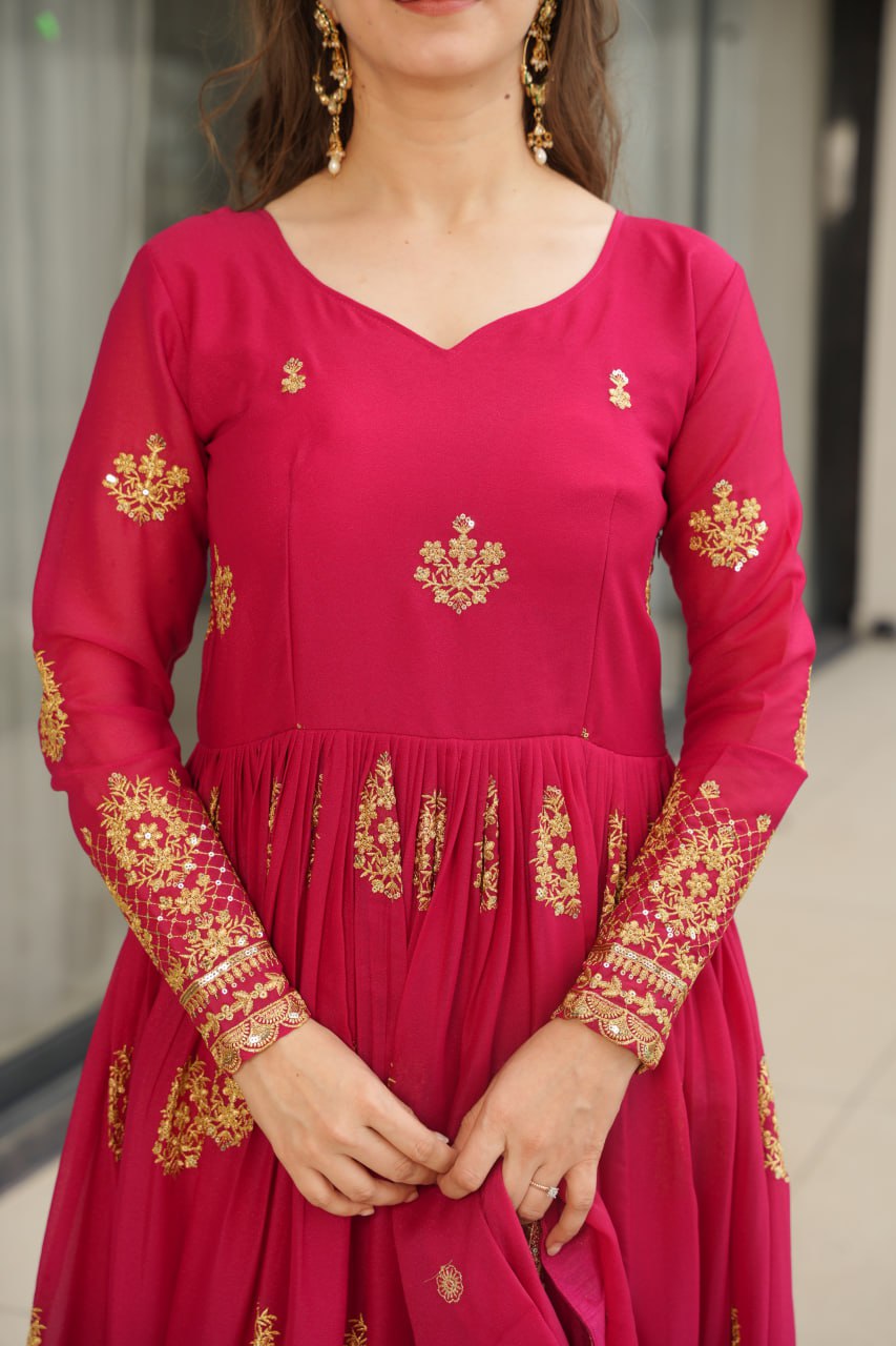 Ravishing Pink Zari Embroidery Georgette Event Wear Gown With Dupatta