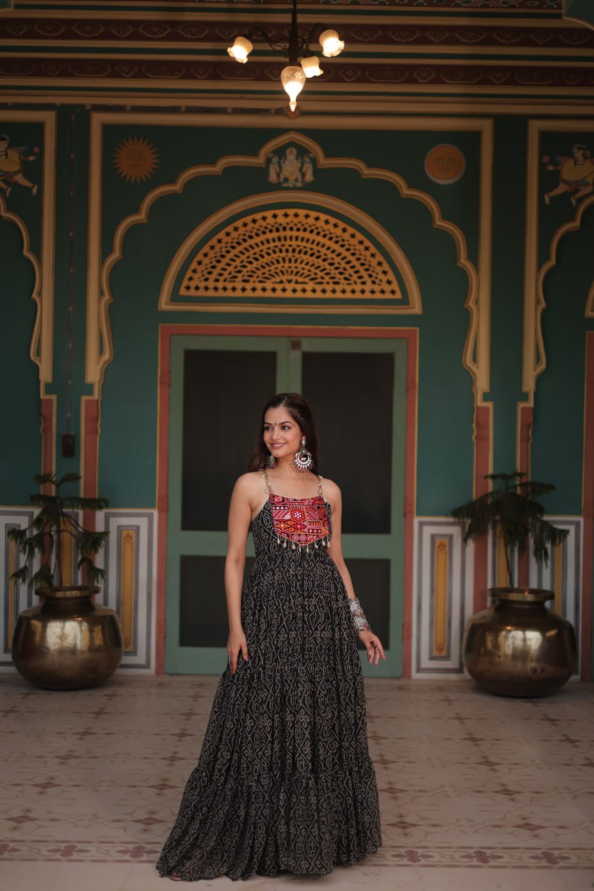 Black Color Navratri Special Long Bandhani Gown For Women