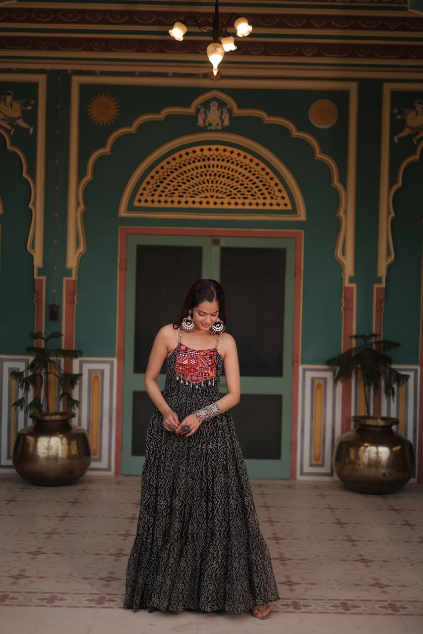 Black Color Navratri Special Long Bandhani Gown For Women