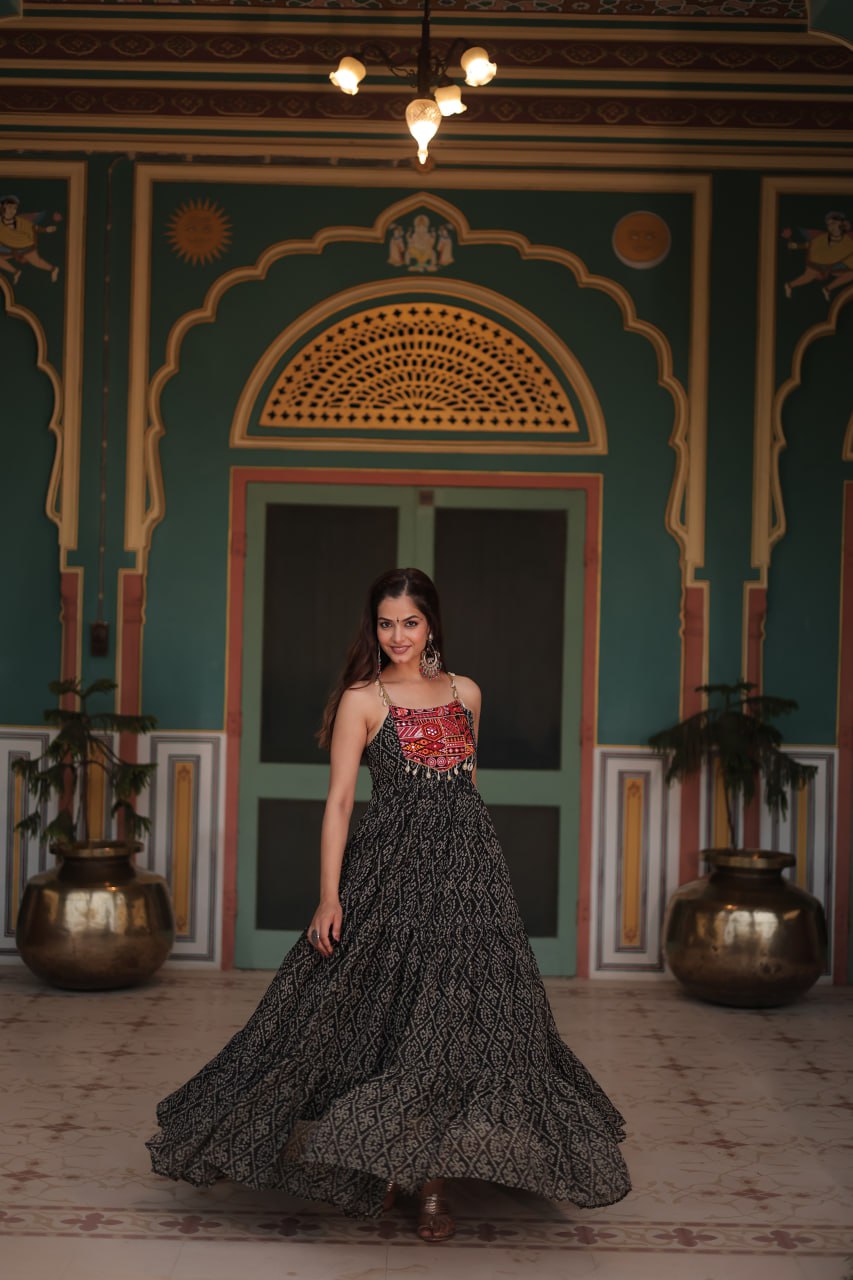 Black Color Navratri Special Long Bandhani Gown For Women