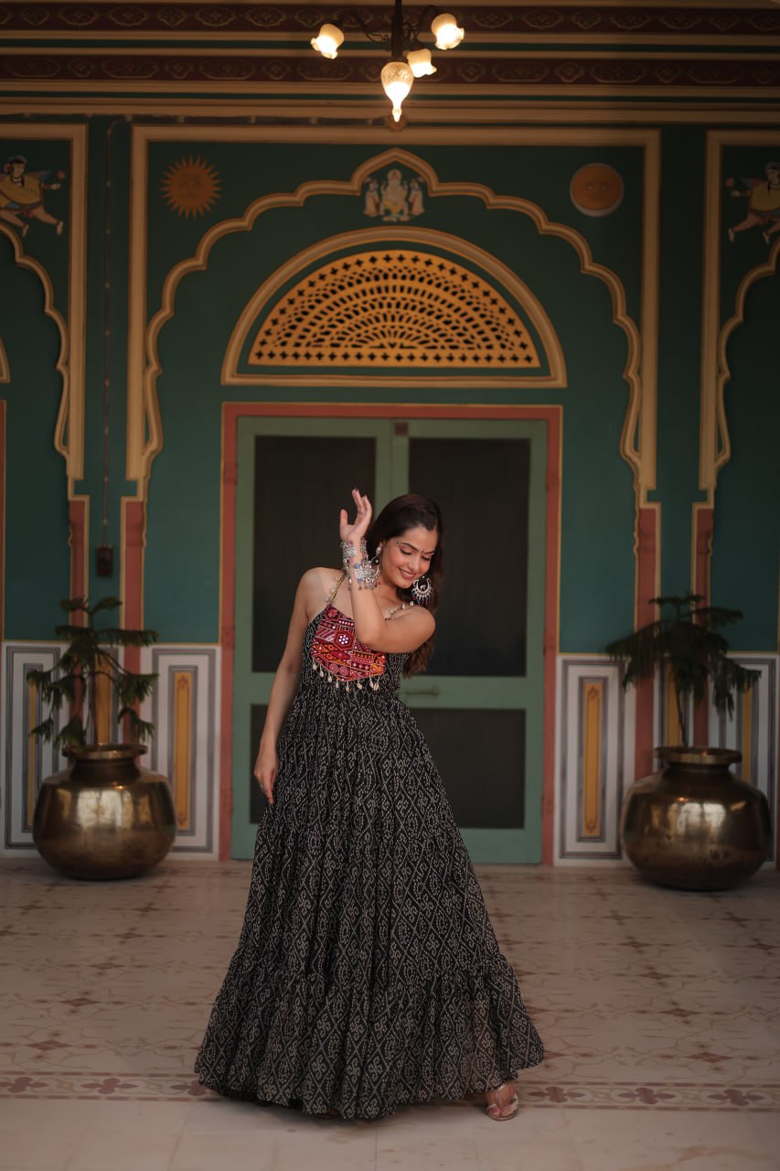 Black Color Navratri Special Long Bandhani Gown For Women