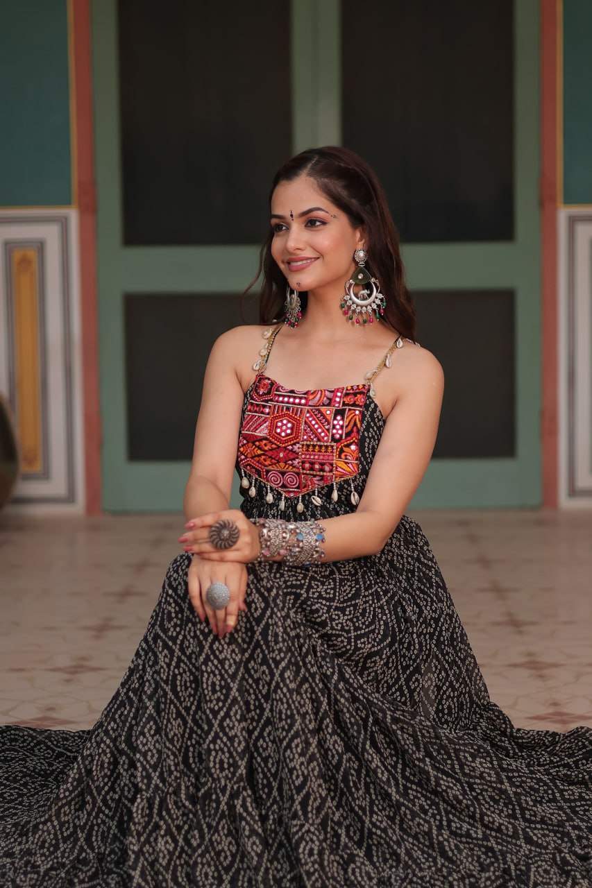 Black Color Navratri Special Long Bandhani Gown For Women
