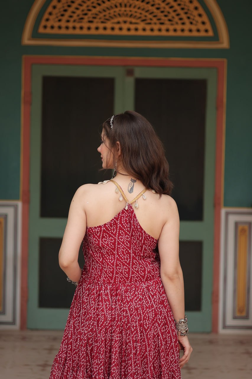 Attractive Maroon Bandhani Printed Georgette Navratri Wear Gown