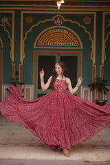 Attractive Maroon Bandhani Printed Georgette Navratri Wear Gown