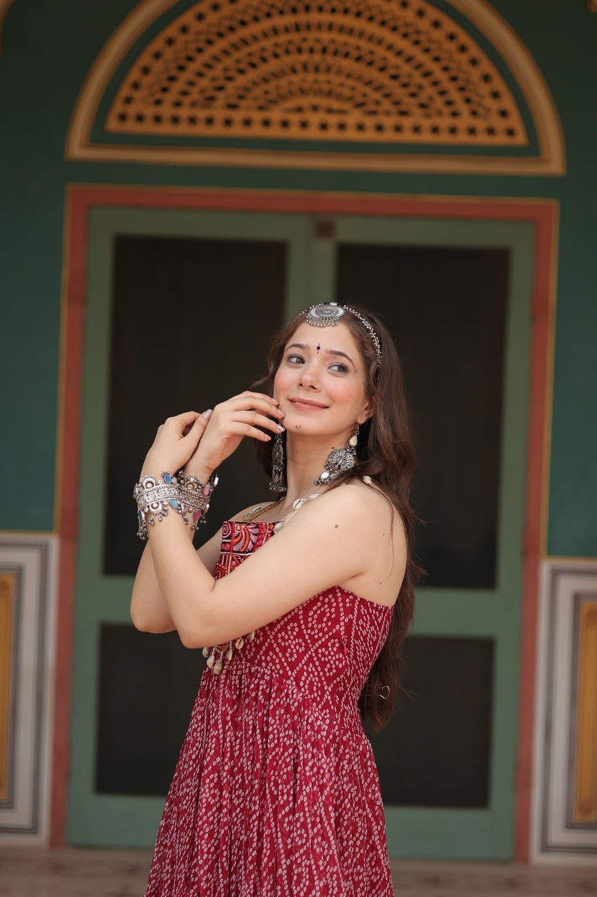 Attractive Maroon Bandhani Printed Georgette Navratri Wear Gown