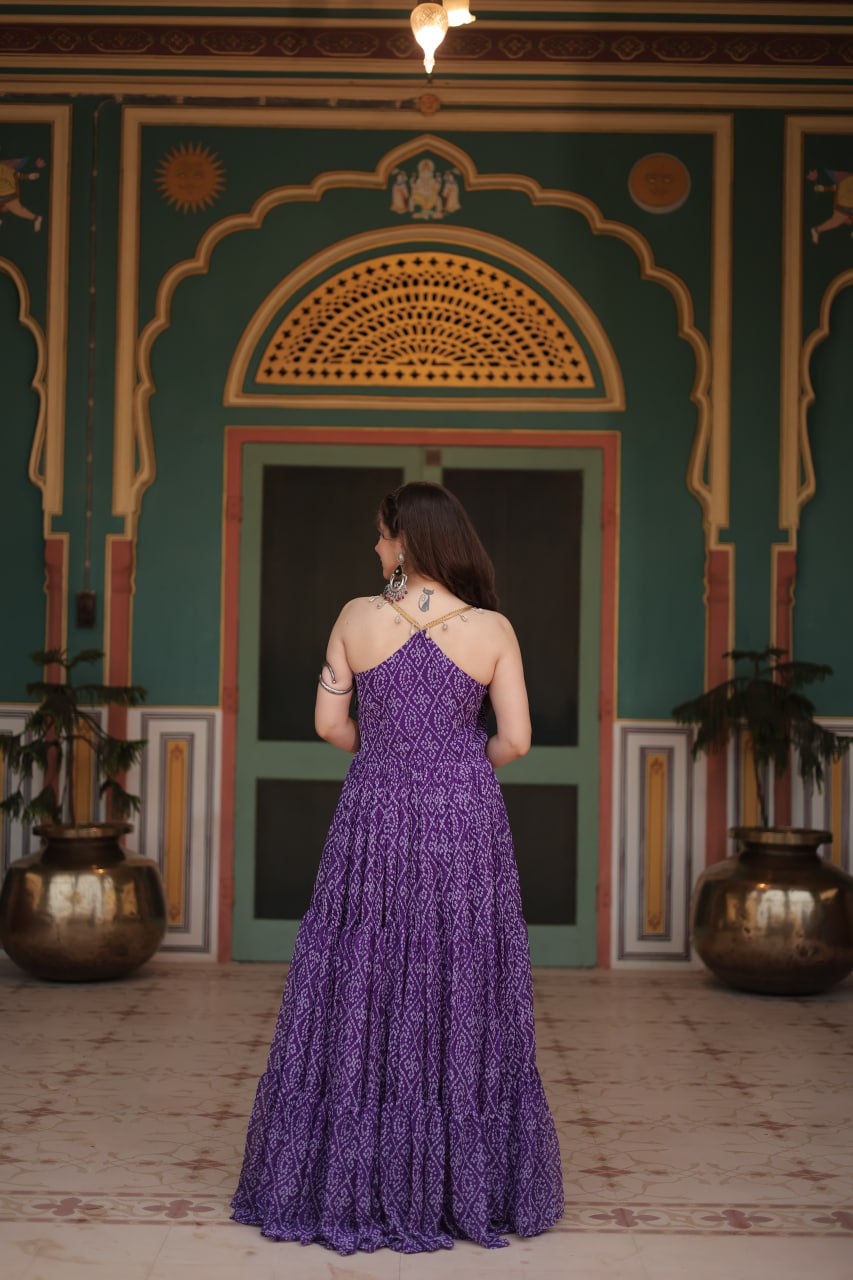 Purple Color Georgette Bandhej Print Navratri Gown