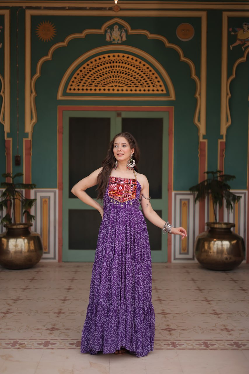 Purple Color Georgette Bandhej Print Navratri Gown
