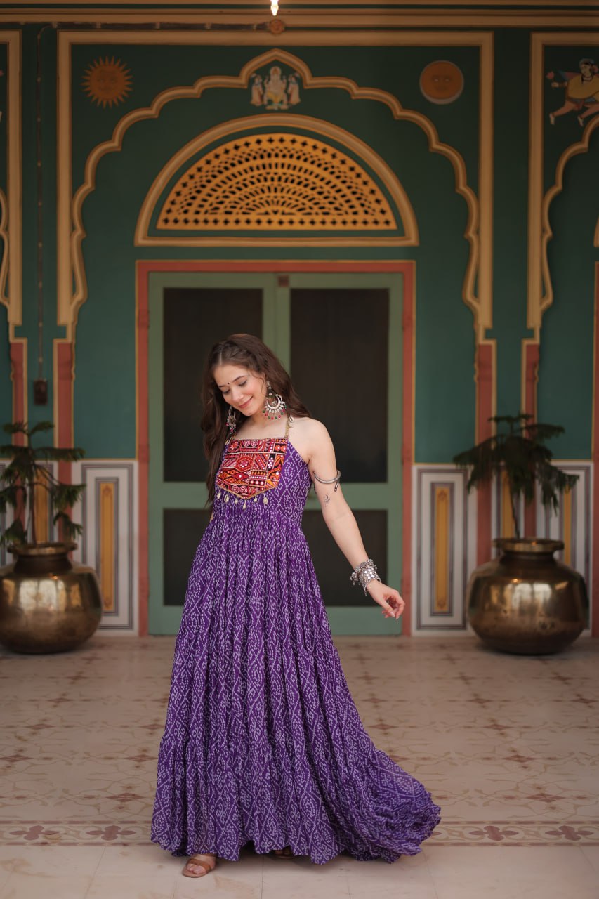 Purple Color Georgette Bandhej Print Navratri Gown