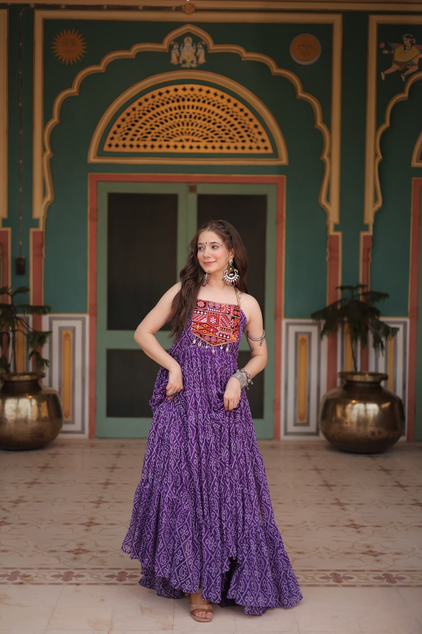 Purple Color Georgette Bandhej Print Navratri Gown