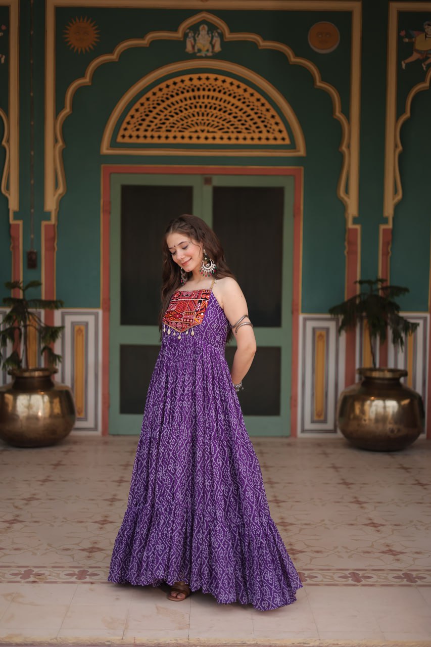 Purple Color Georgette Bandhej Print Navratri Gown