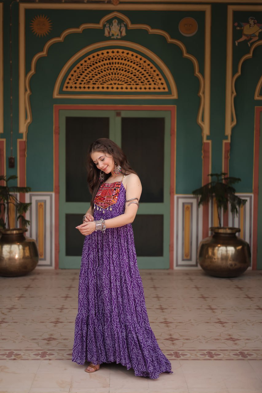 Purple Color Georgette Bandhej Print Navratri Gown