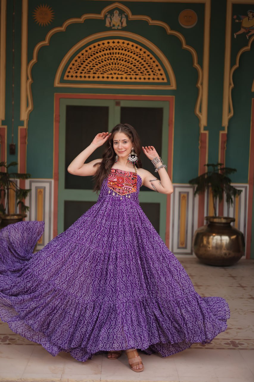 Purple Color Georgette Bandhej Print Navratri Gown